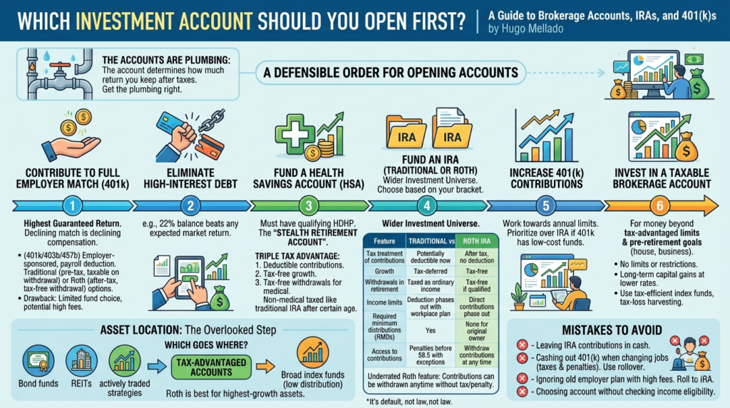 Infographic comparing brokerage accounts, IRAs and 401(k)s, and which one you should open first