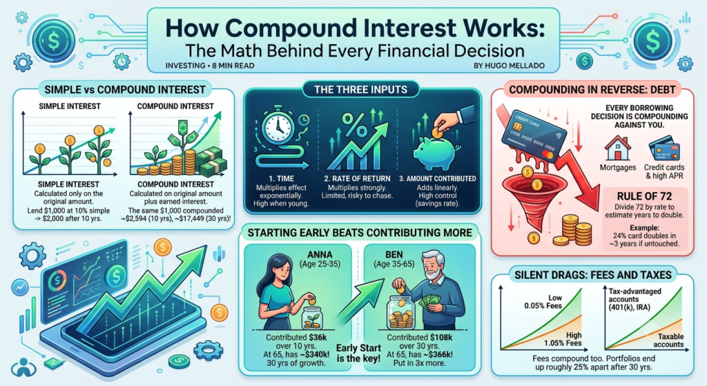 Infographic explaining how compound interest works: simple versus compound growth, the three inputs of time, rate and contributions, compounding frequency, the Rule of 72, and how the same force works against borrowers through debt and fees.