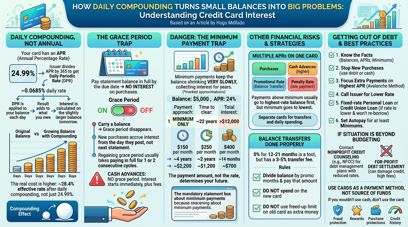 Credit card interest infographic: how daily compounding works, the grace period trap, the minimum payment trap, and how to get out of debt
