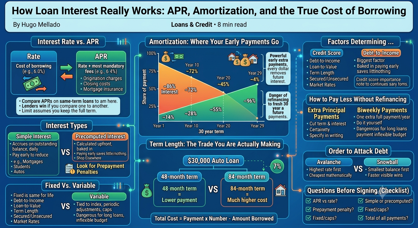 Infographic explaining how loan interest works: the difference between interest rate and APR, an amortization schedule showing how early payments go mostly to interest, simple versus precomputed interest, fixed versus variable rates, and how term length raises total cost.