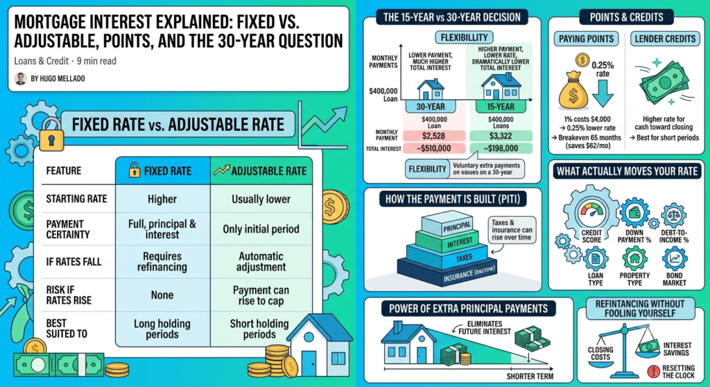 Infographic explaining mortgage interest: the four parts of a PITI payment, fixed versus adjustable rate comparison, how discount points and their breakeven work, 15-year versus 30-year total interest, PMI removal and the effect of extra principal payments.