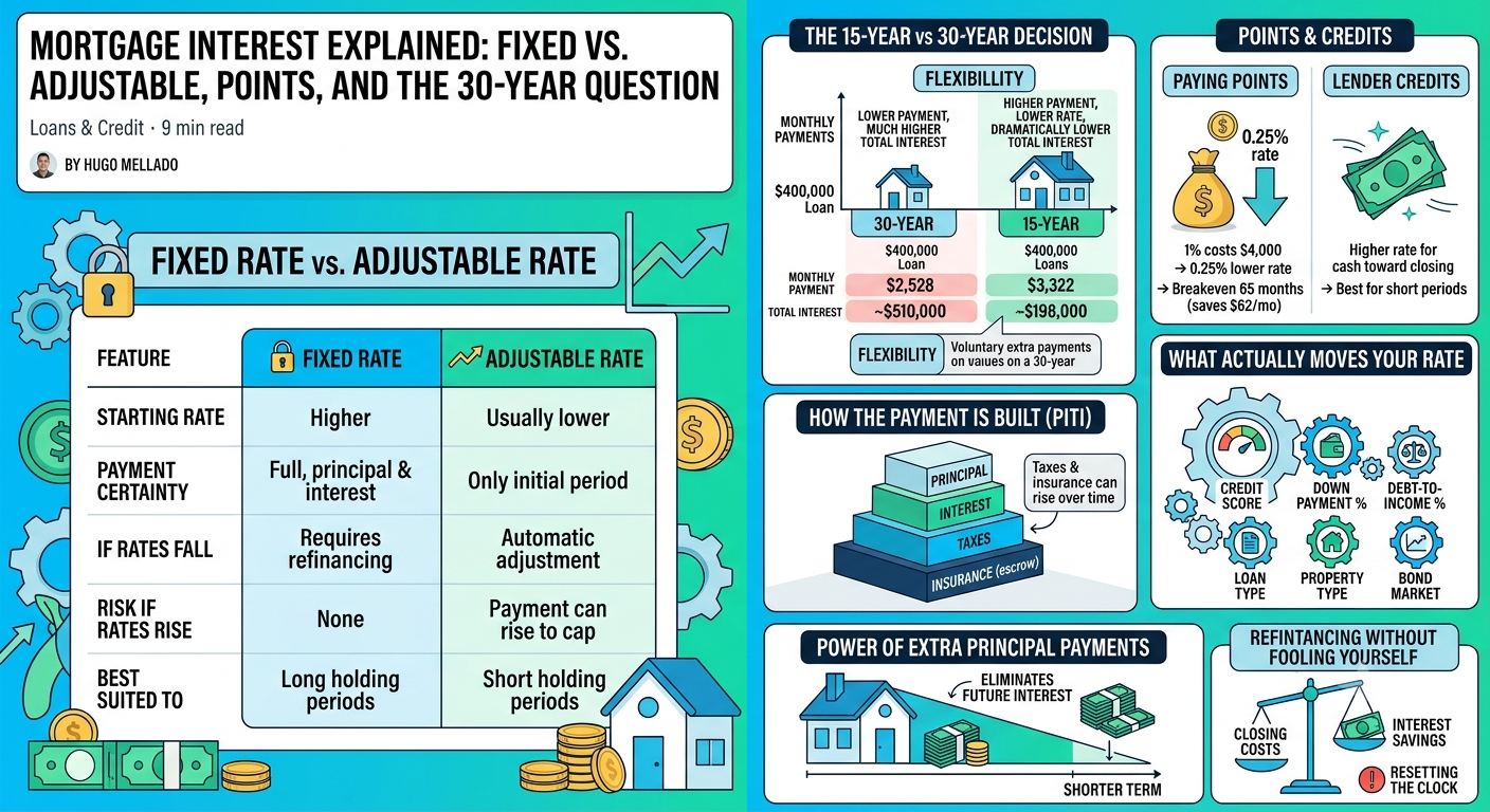 Infographic explaining mortgage interest: the four parts of a PITI payment, fixed versus adjustable rate comparison, how discount points and their breakeven work, 15-year versus 30-year total interest, PMI removal and the effect of extra principal payments.