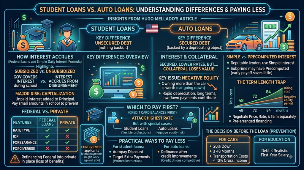 Student loans vs auto loans infographic: how interest differs between them, what each really costs, and how to pay less