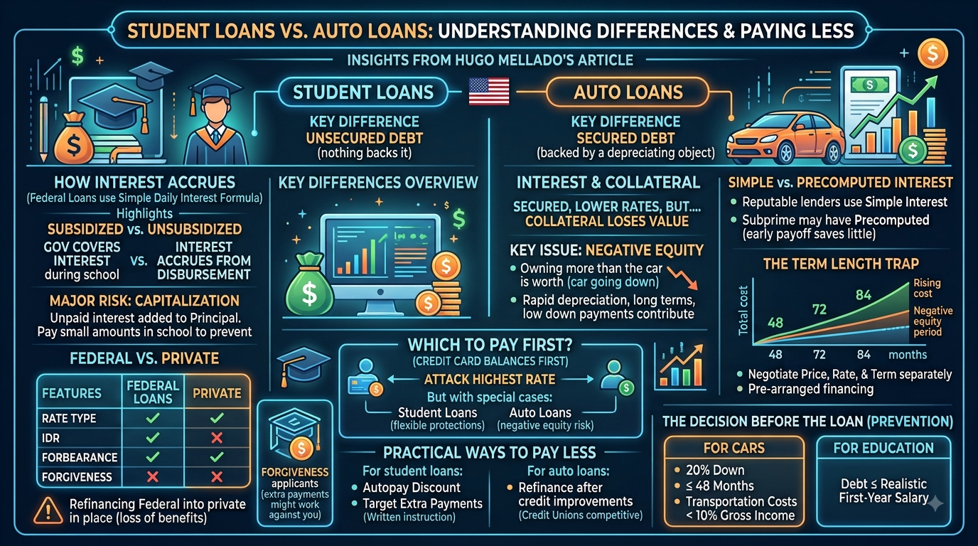 Student loans vs auto loans infographic: how interest differs between them, what each really costs, and how to pay less