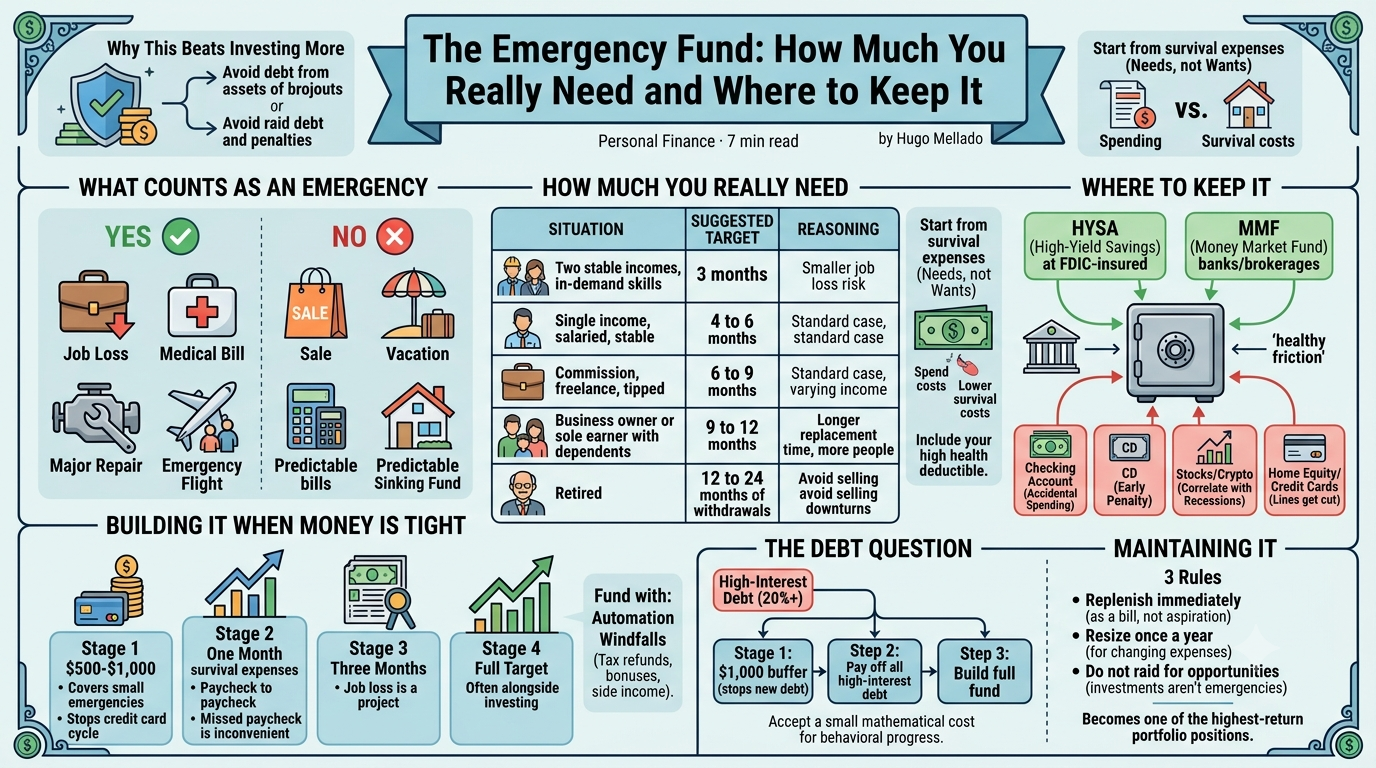 Infographic on building an emergency fund: what counts as an emergency, how to size it from survival expenses by income type, where to hold the money, and the four stages from a 0 starter buffer to a full three-to-six-month reserve.