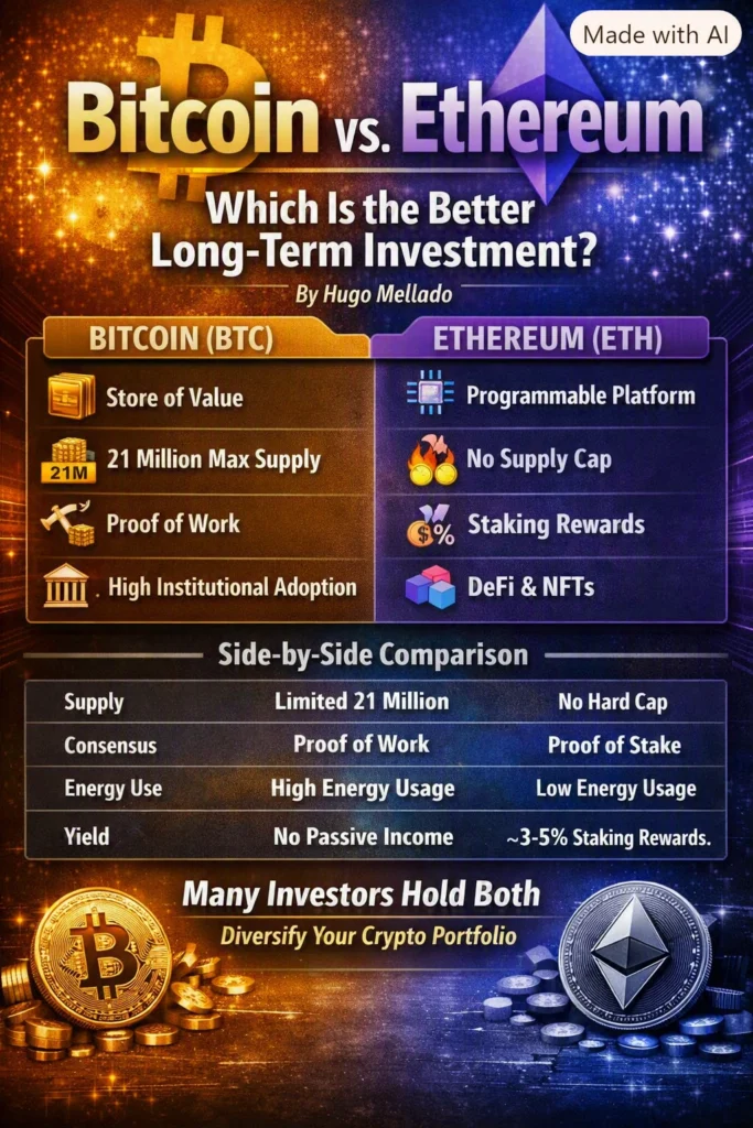 Infographic comparing Bitcoin and Ethereum across supply, use cases, energy use and investment profile.