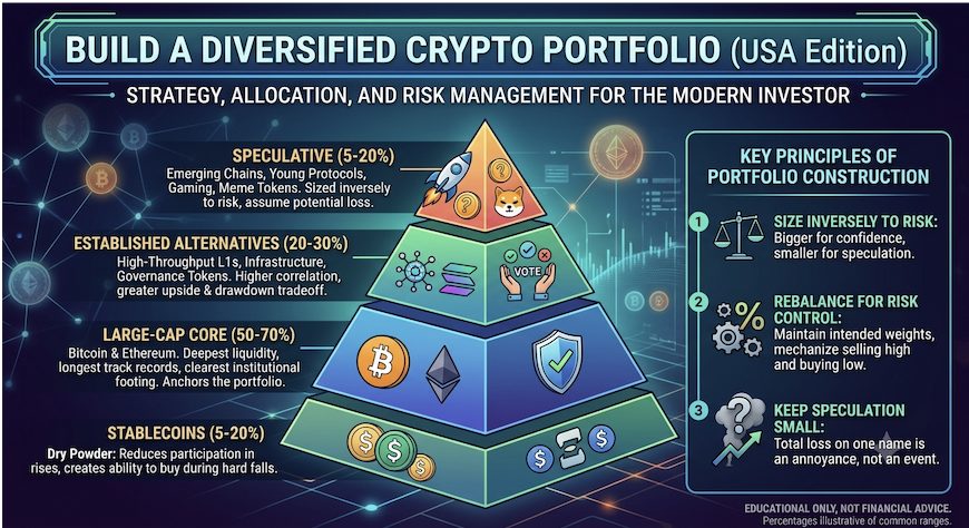 Infographic summarising how to build a diversified crypto portfolio: allocation tiers from large-cap core to speculative bets, with position sizing and rebalancing principles.