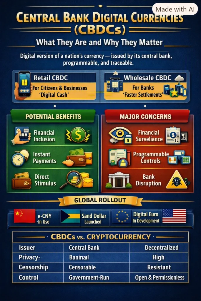 Infographic summarising central bank digital currencies and how CBDCs differ from cash, stablecoins and crypto.