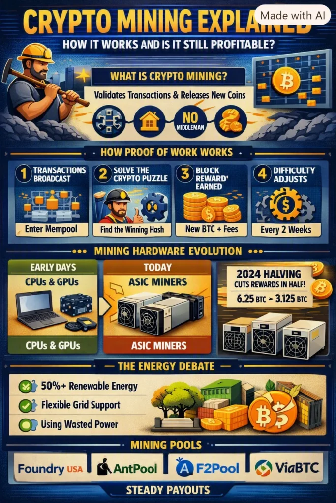 Infographic summarising how crypto mining works: hardware, electricity costs, mining pools and profitability.