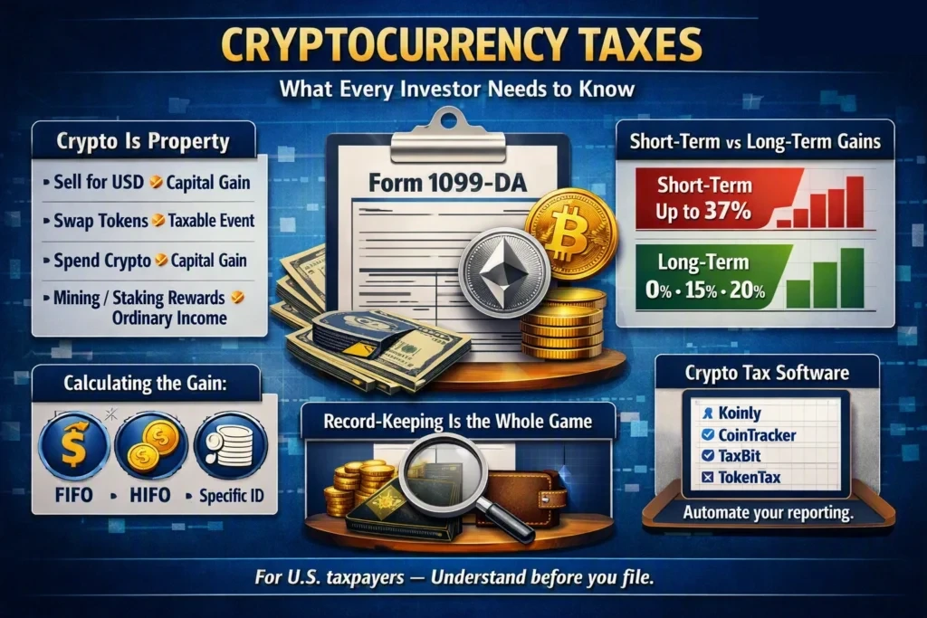 Infographic summarising crypto tax basics: taxable events, cost basis, record keeping and reporting duties.