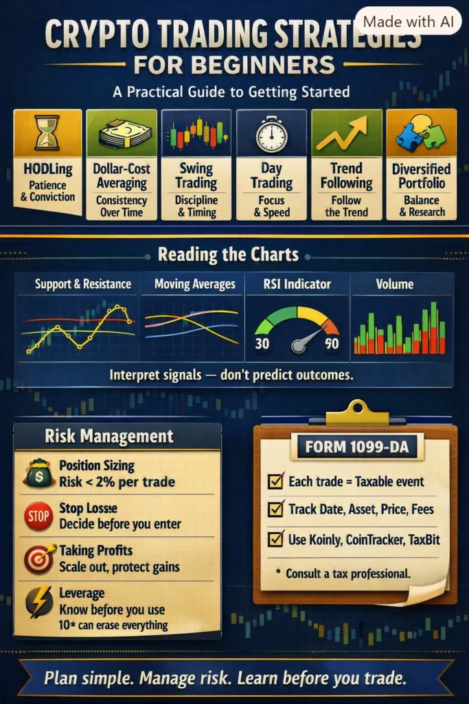 Infographic summarising beginner crypto trading concepts: position sizing, stop losses, time frames and risk rules.