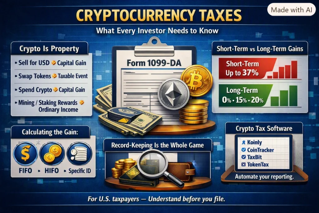 Infographic summarising crypto tax basics: taxable events, cost basis, record keeping and reporting duties.