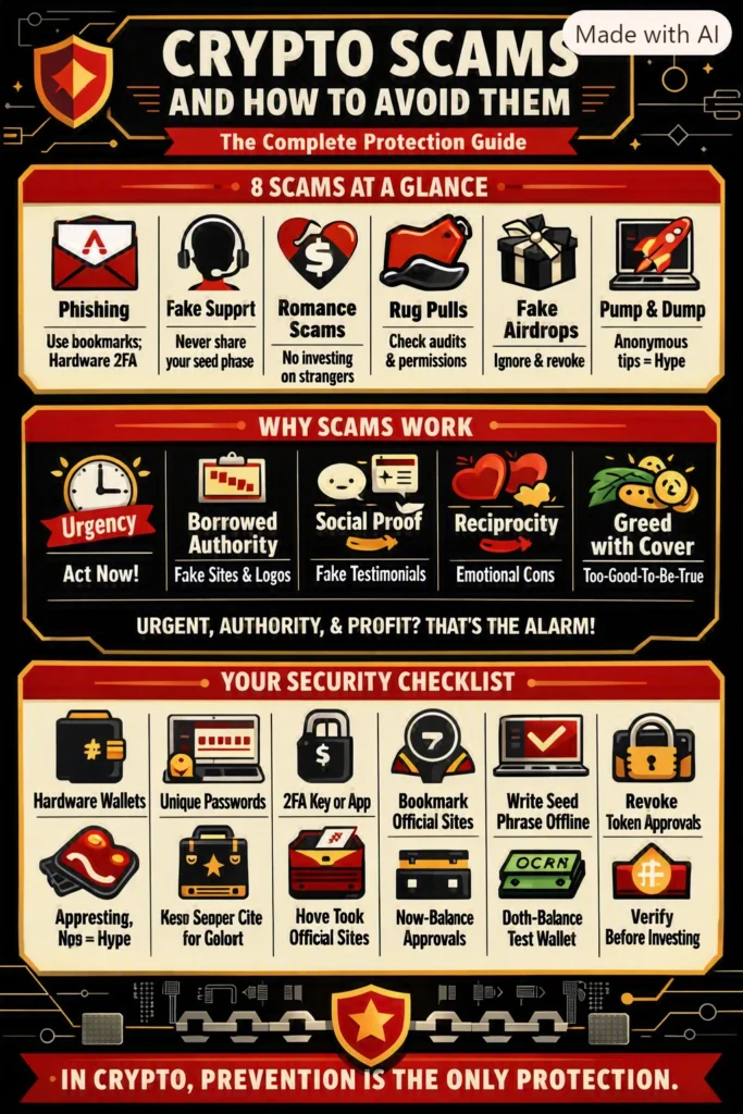 Infographic summarising the most common crypto scams and the warning signs that identify each one.
