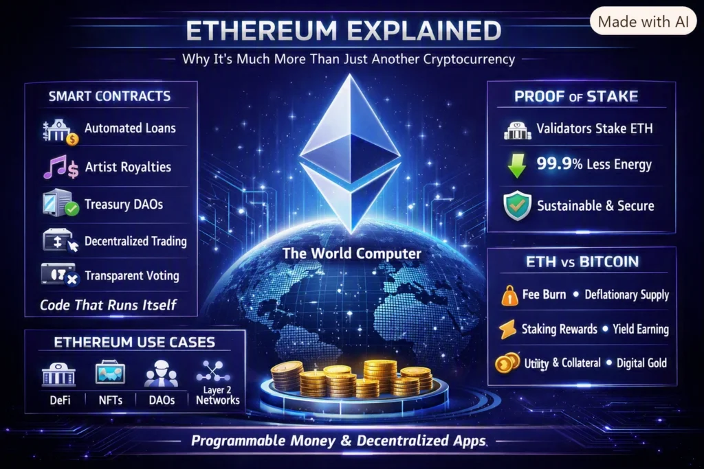 Infographic summarising Ethereum: smart contracts, gas fees, staking and how it differs from Bitcoin.