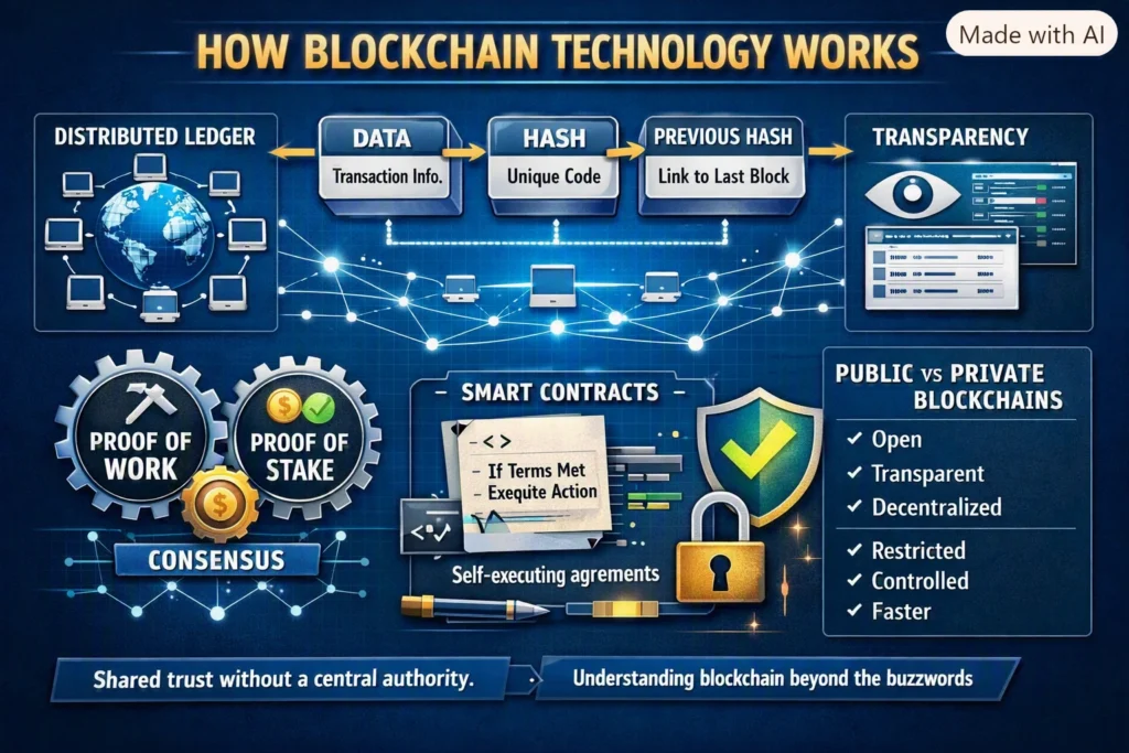 Infographic summarising how a blockchain works: blocks, hashes, mining nodes and how a transaction is confirmed.