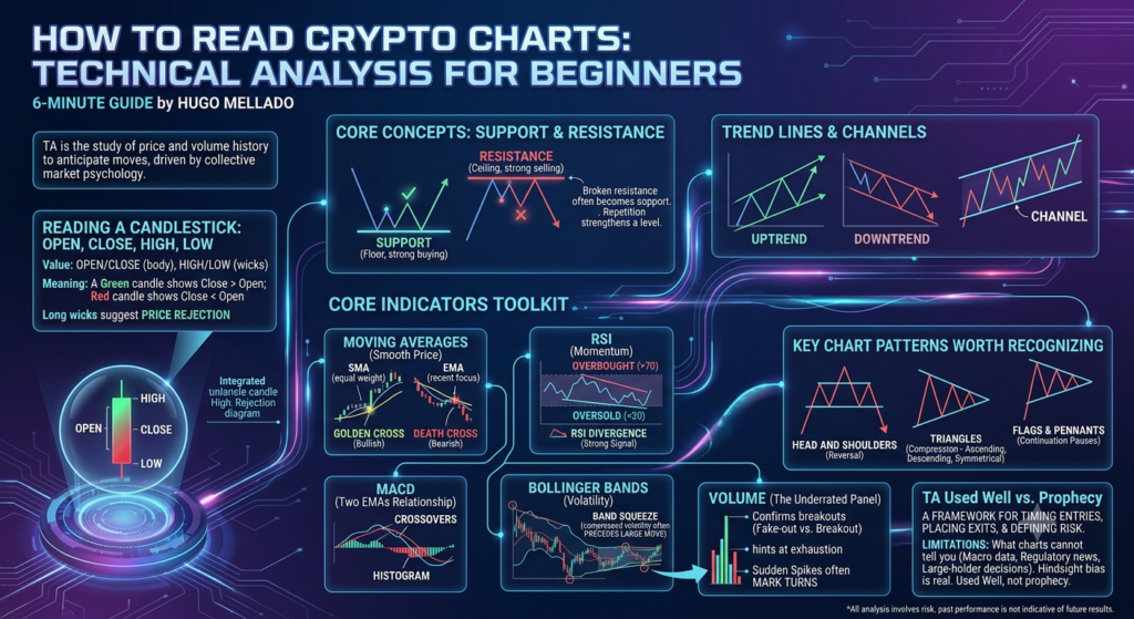 Infographic summarising how to read crypto charts: candlestick anatomy, support and resistance, trend lines and channels, moving averages, RSI, MACD, Bollinger Bands, volume and the main chart patterns.