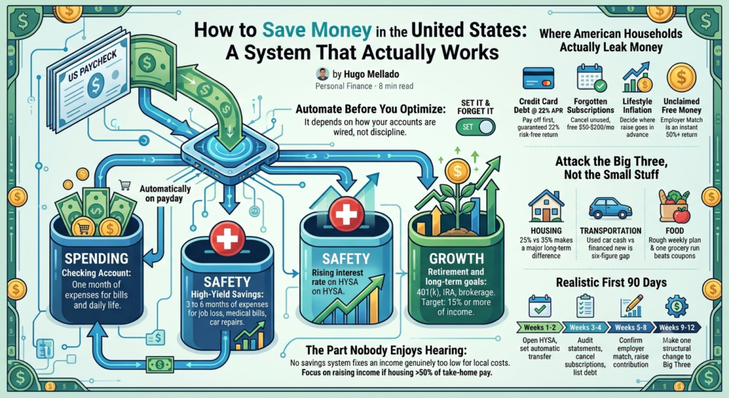 Infographic on how to save money in the United States: savings rate as the key number, automating transfers on payday, the three-bucket system of spending, safety and growth, where households leak money, and cutting the big three expenses of housing, transportation and food.