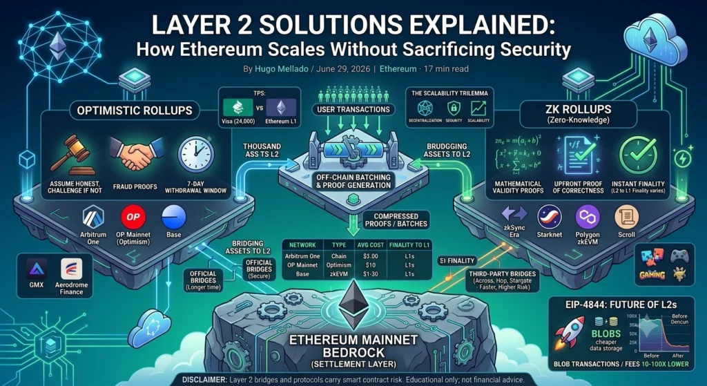 Infographic summarising Ethereum Layer 2 scaling: rollups, lower fees and inherited security.