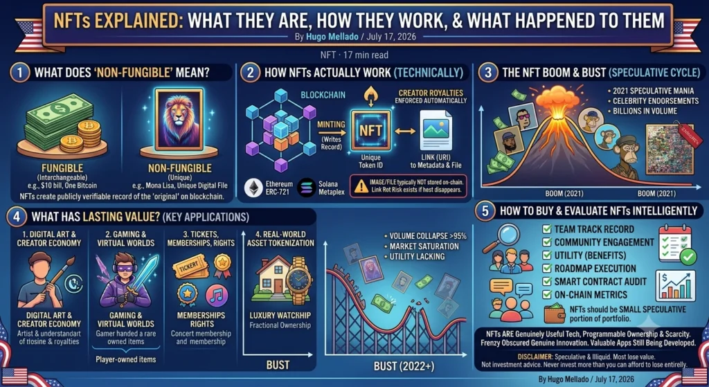 Infographic summarising NFTs: how token ownership works, common uses and why the market collapsed.