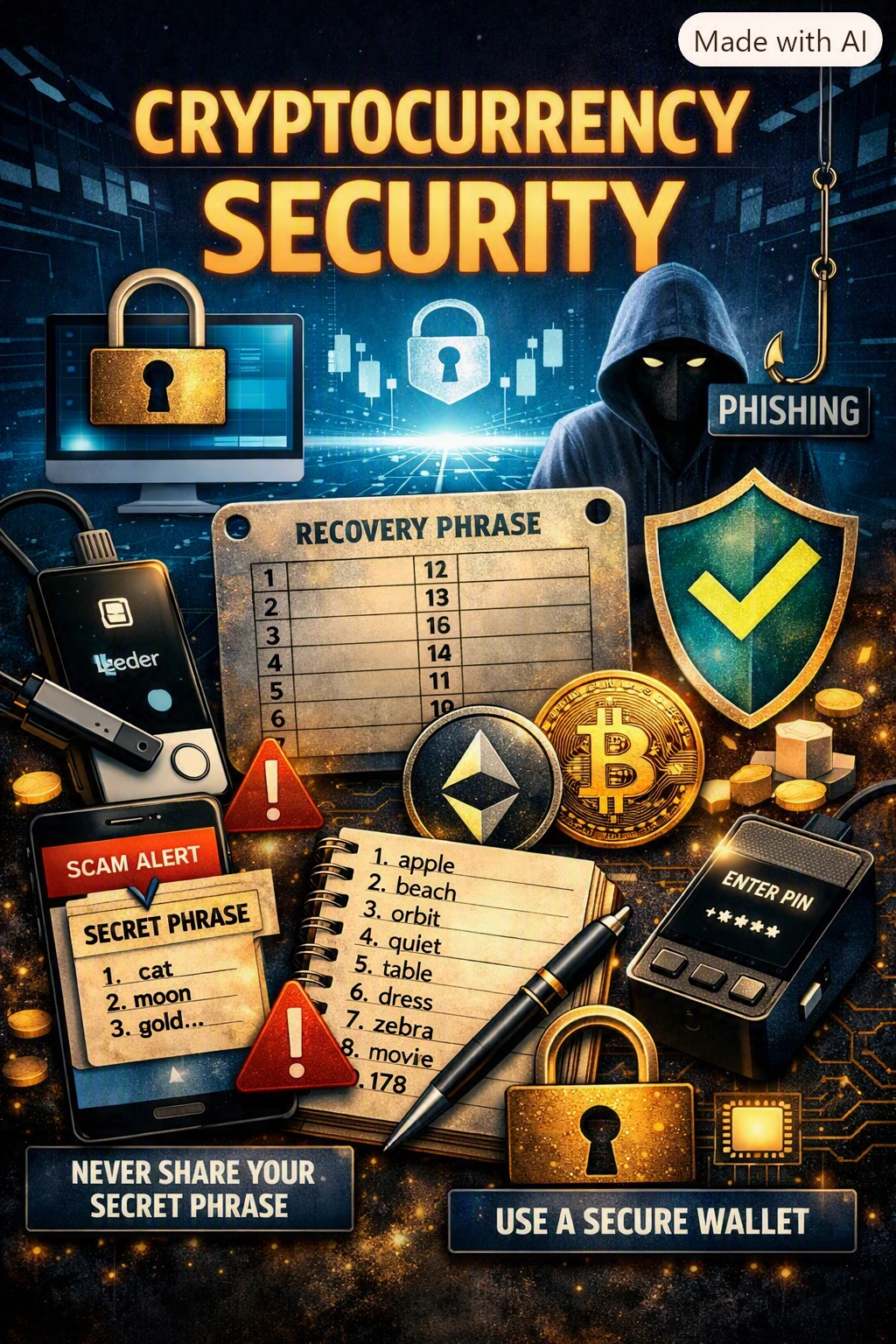 Infographic summarising crypto wallet security: seed phrase backup, hardware wallets and common mistakes.