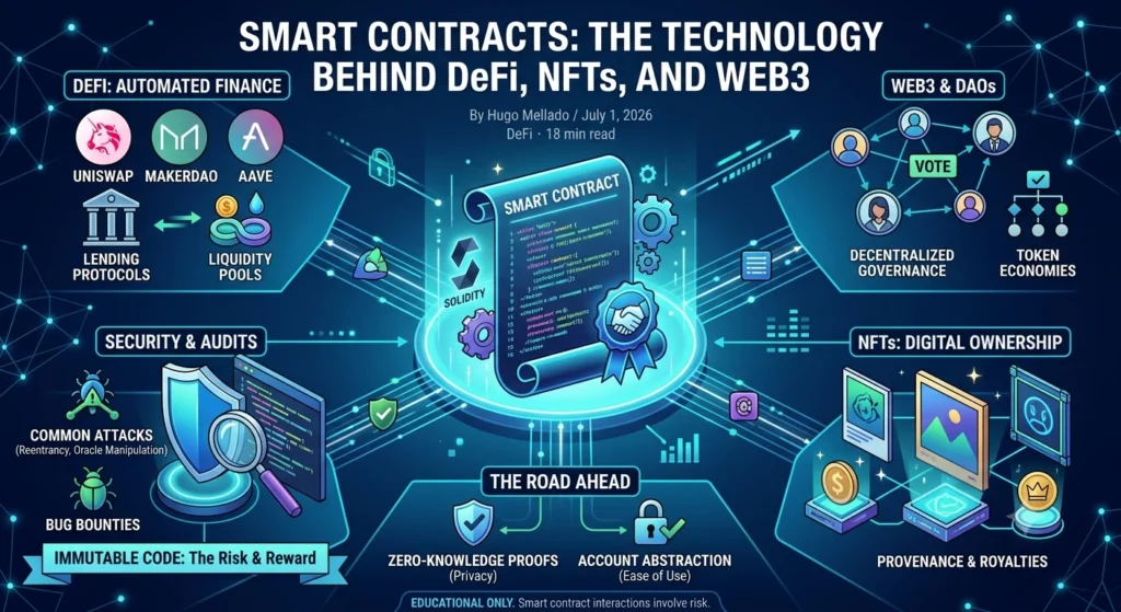 Infographic summarising smart contracts: how code executes on a blockchain and where it is used.