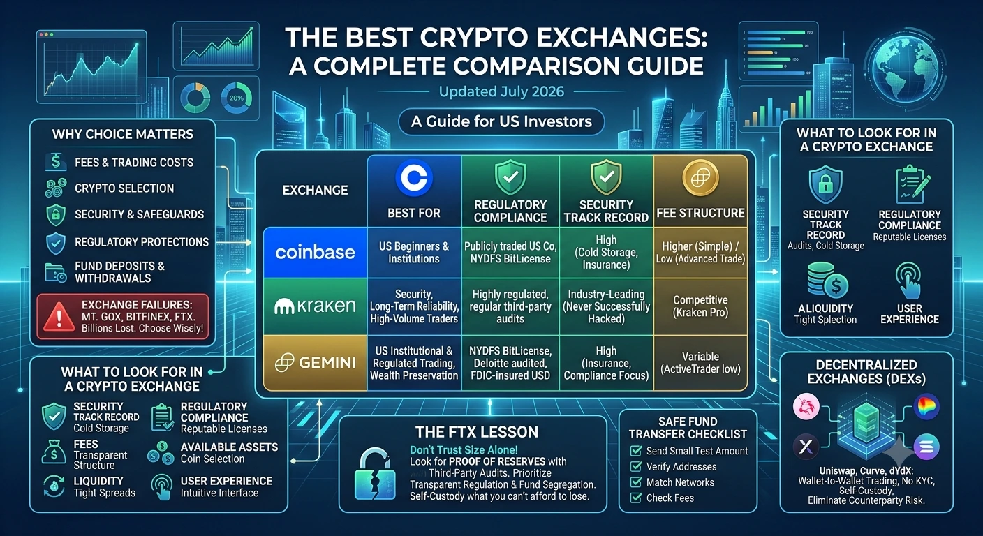 Infographic comparing crypto exchanges by fees, security, regulation and supported features.