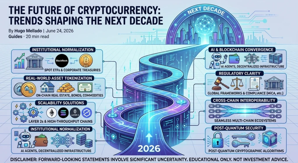 Infographic summarising future crypto trends: tokenisation, regulation, scaling and institutional adoption.