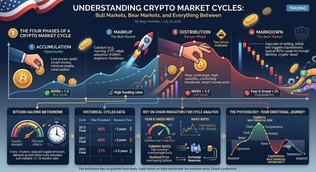 Infographic summarising crypto market cycles: accumulation, bull run, distribution and bear market phases.