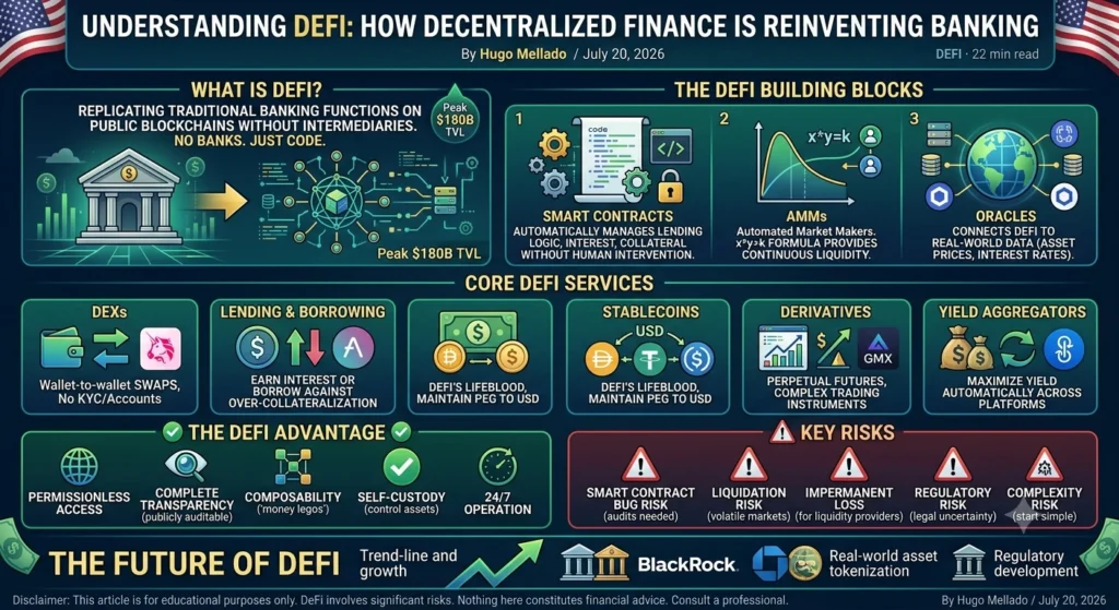Infographic summarising DeFi: lending pools, decentralised exchanges, yields and the main risks.