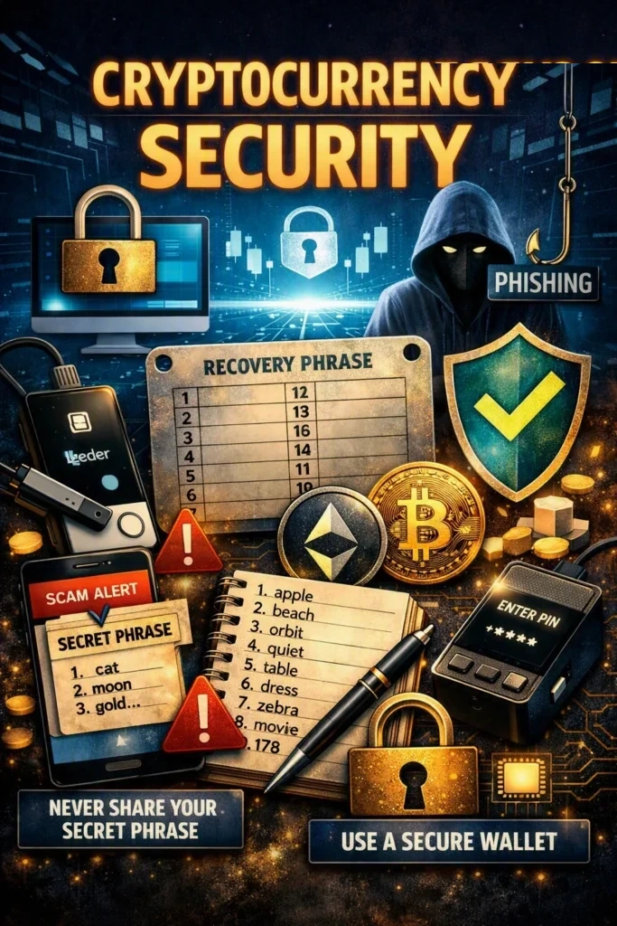 Infographic summarising crypto wallet security: seed phrase backup, hardware wallets and common mistakes.
