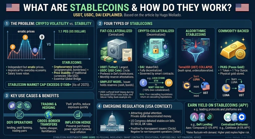 Infographic comparing the stablecoins USDT, USDC and DAI by backing, transparency and risk.