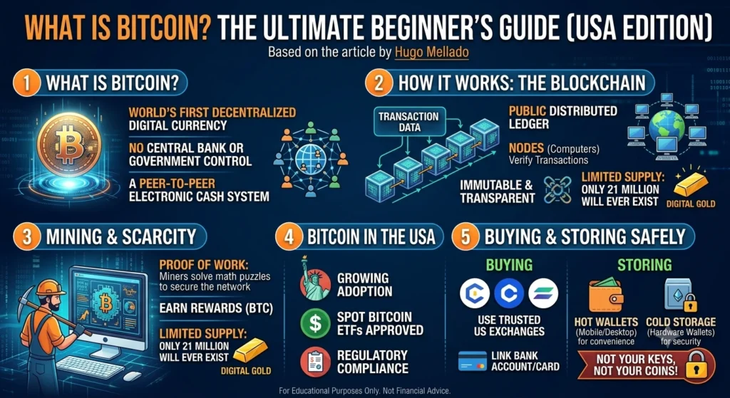 Infographic summarising what Bitcoin is: fixed supply, mining, wallets and how transactions are confirmed.