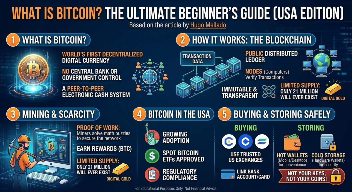 Infographic summarising what Bitcoin is: fixed supply, mining, wallets and how transactions are confirmed.
