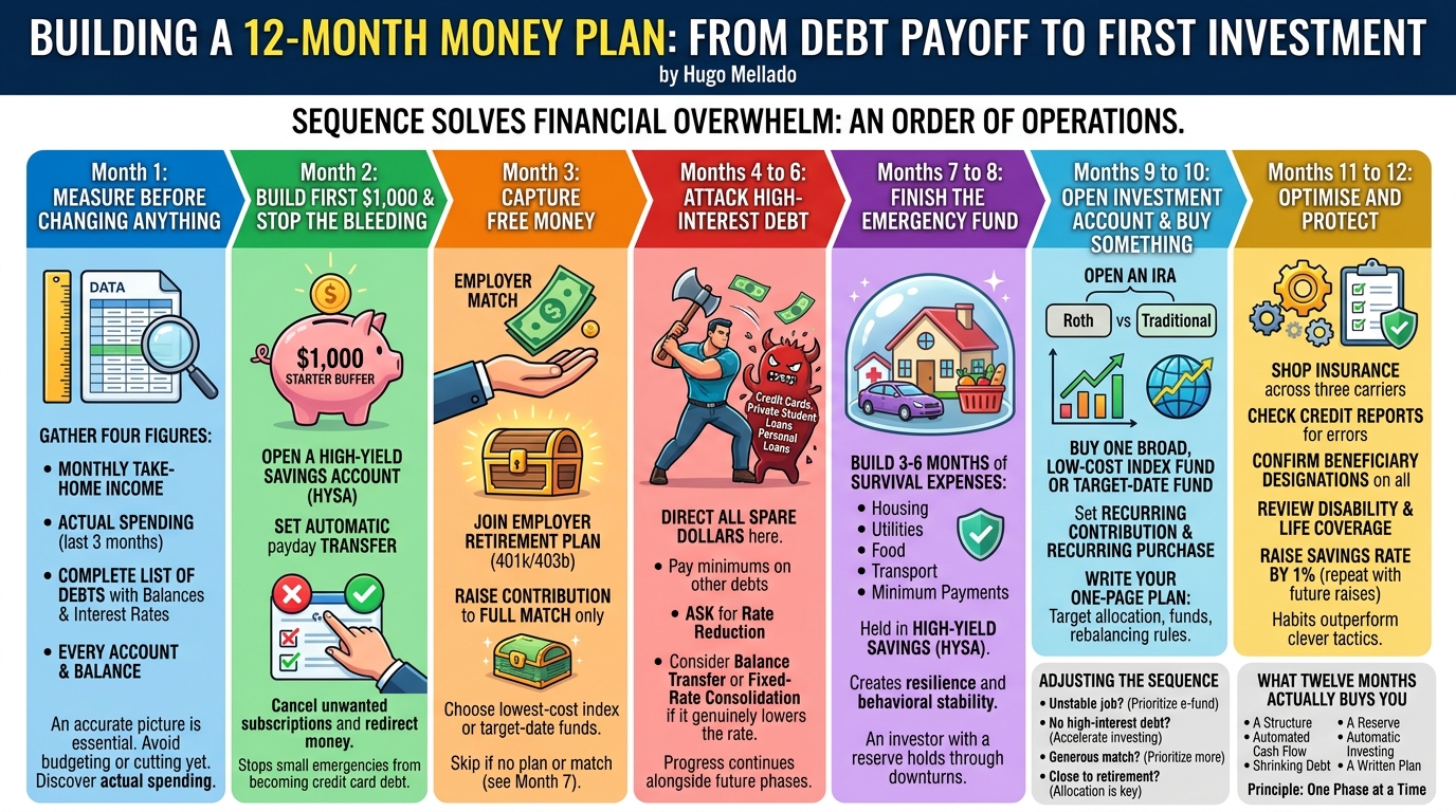 Infographic summarising Building a 12-Month Money Plan: From Debt Payoff to First Investment