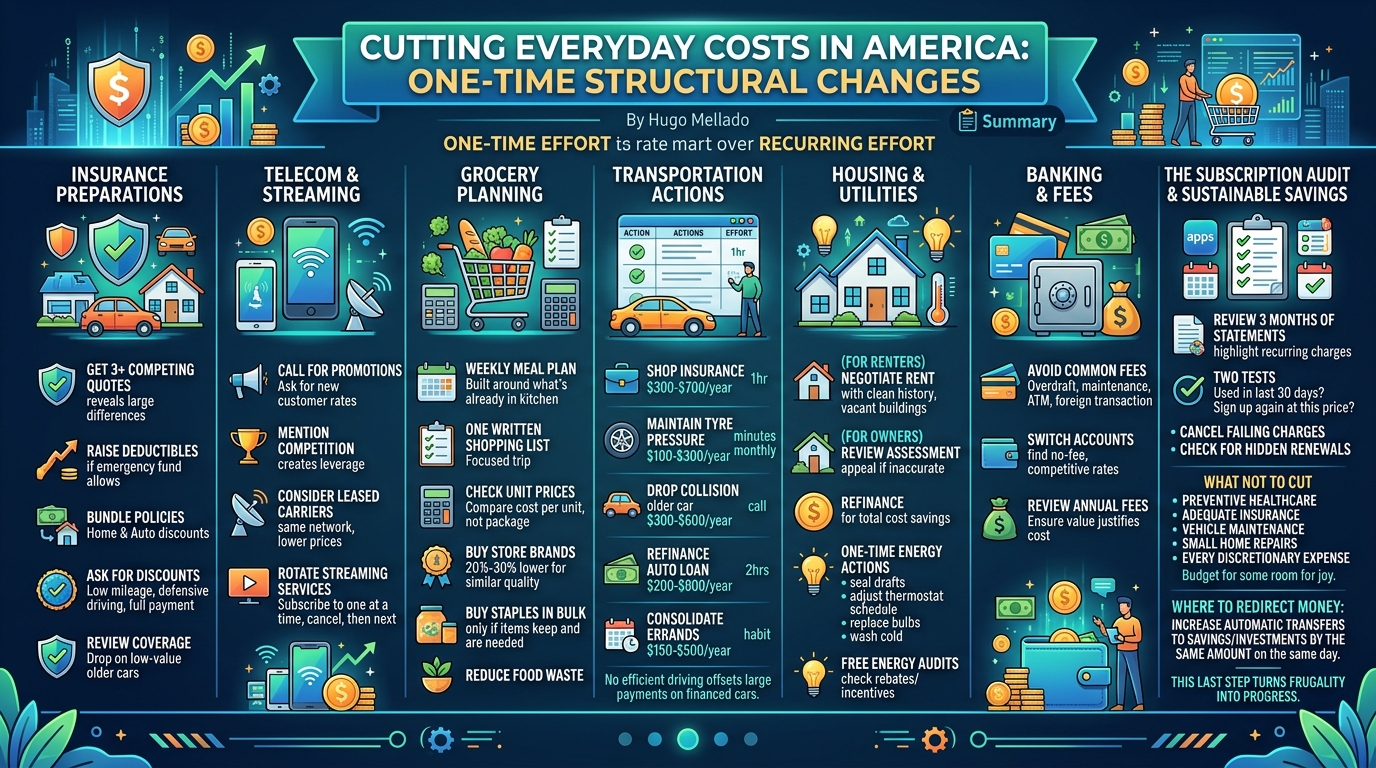 Infographic summarising Cutting Everyday Costs in America: Insurance, Groceries, Utilities and Subscriptions