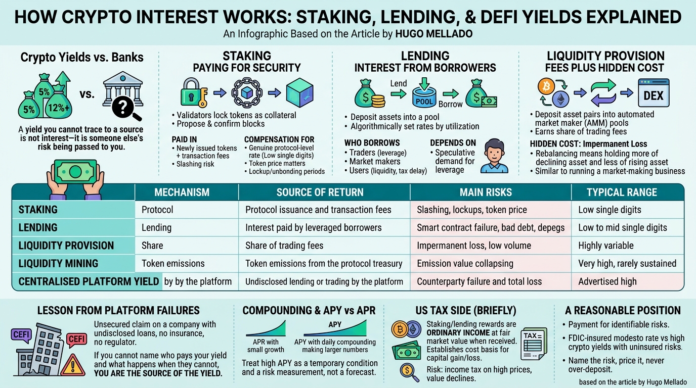 Infographic summarising How Interest Works in Crypto: Staking, Lending, and DeFi Yields Explained