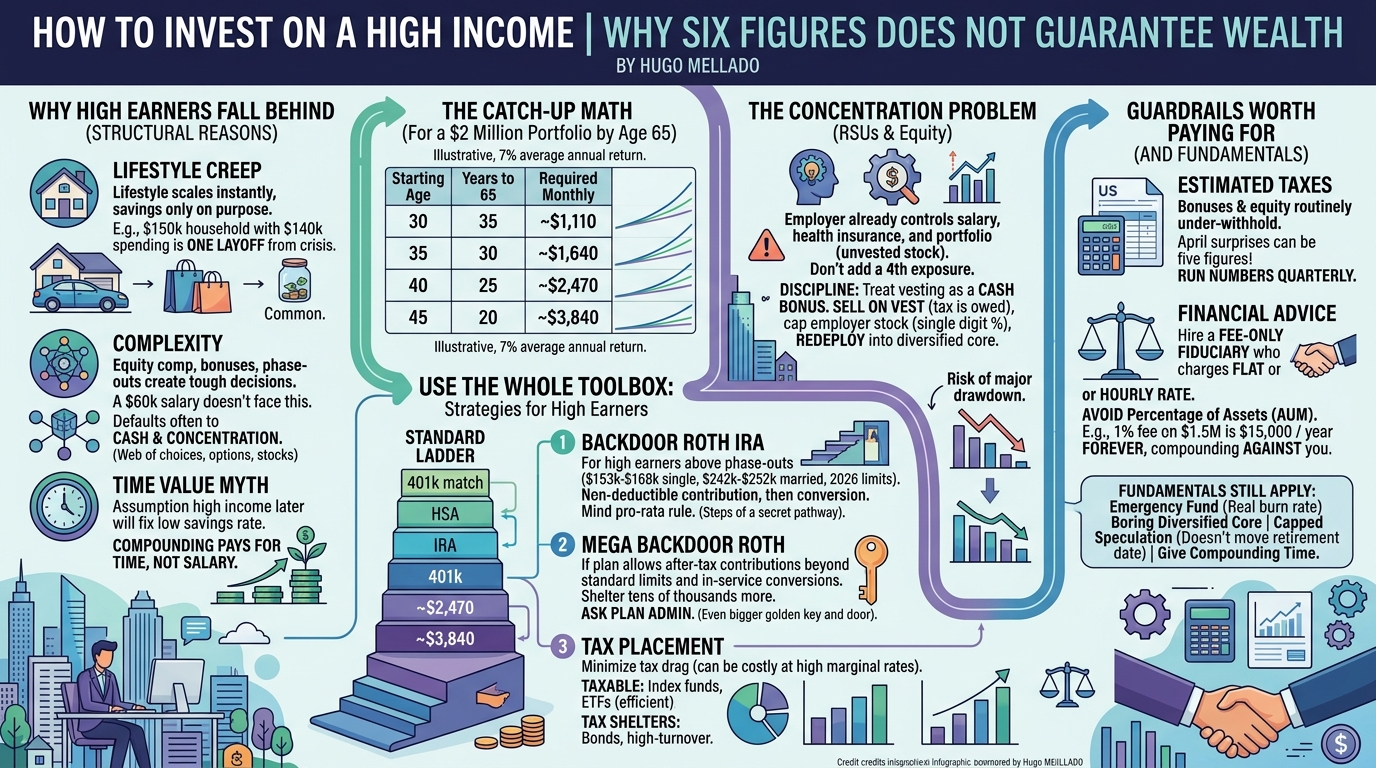 Infographic summarising How to Invest on a High Income: Why Six Figures Does Not Guarantee Wealth