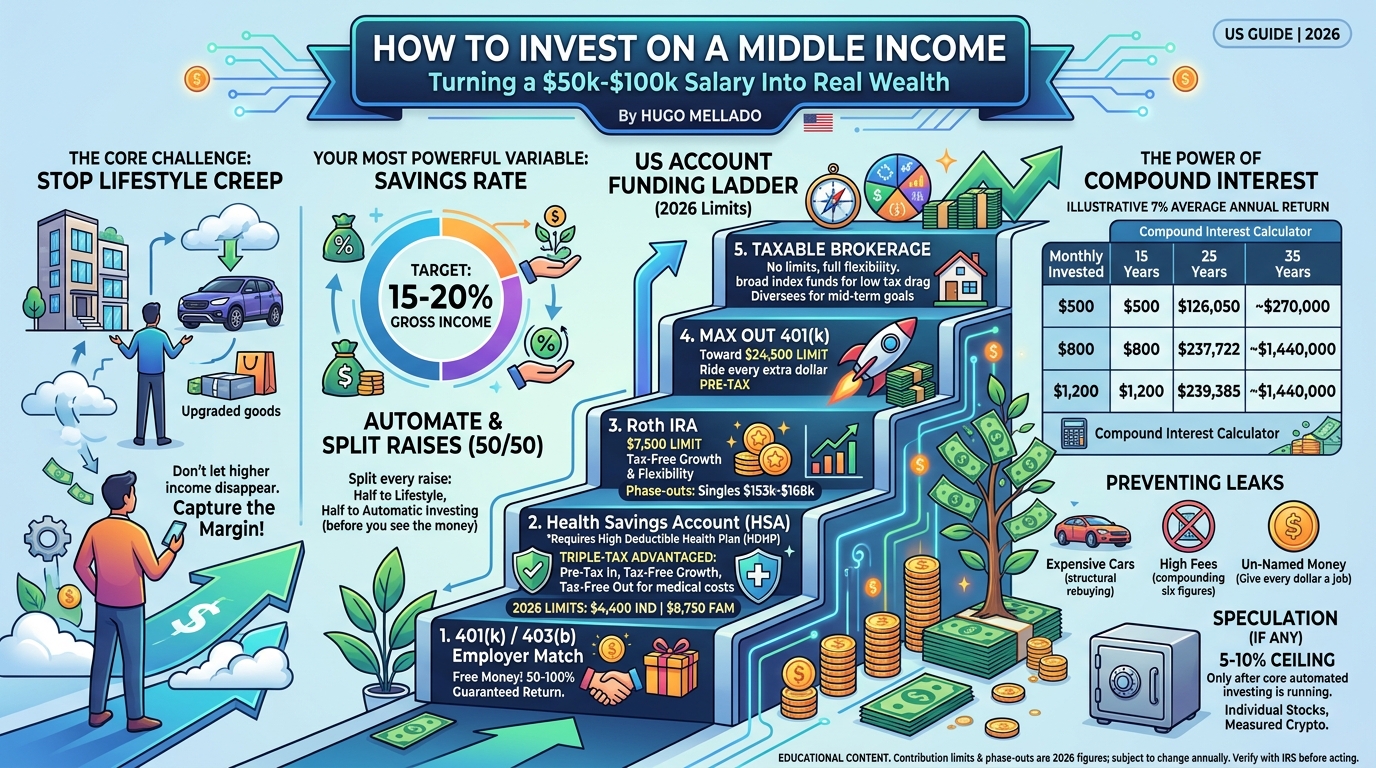 Infographic summarising How to Invest on a Middle Income: Turning a k-0k Salary Into Real Wealth